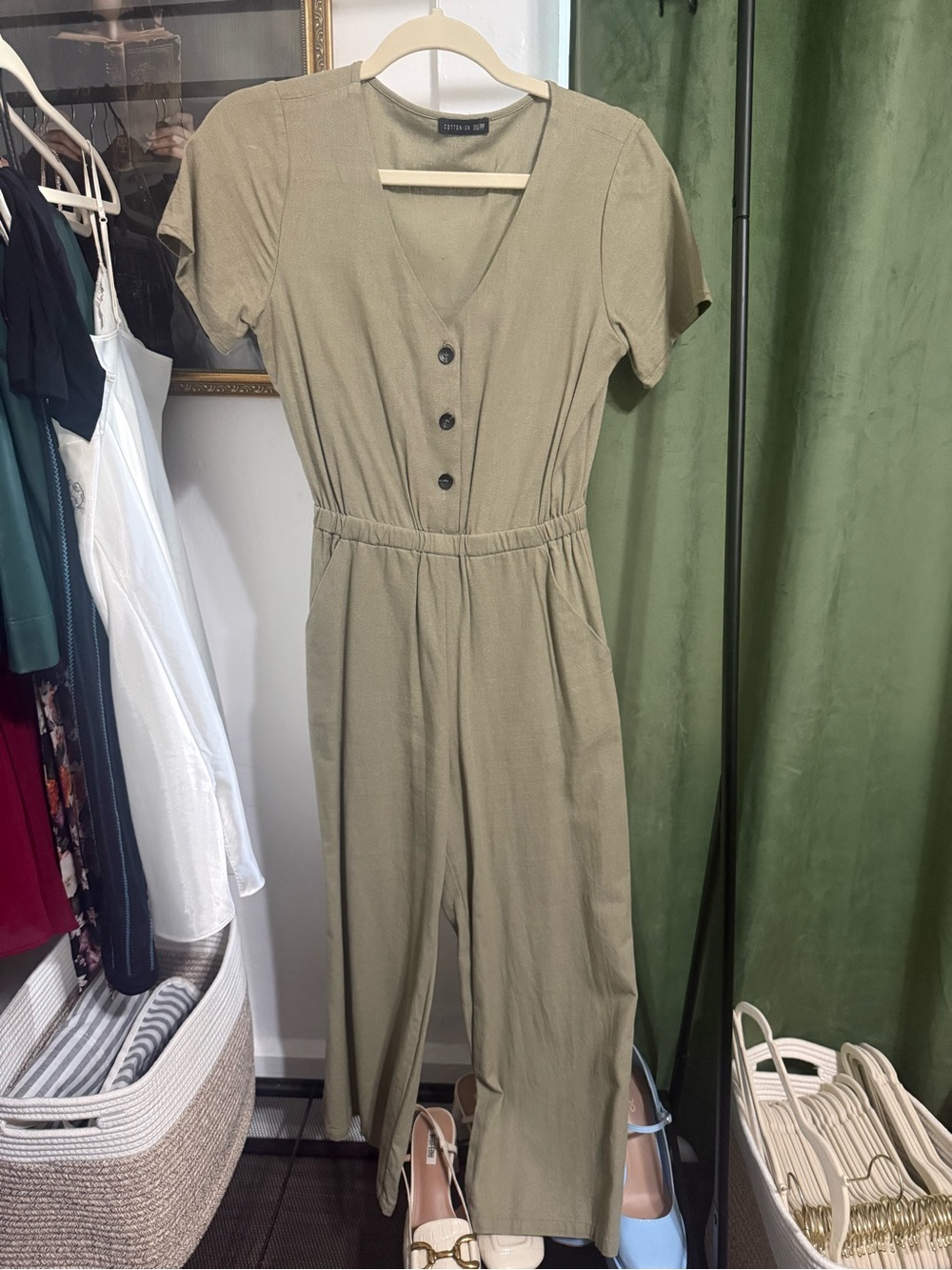 Cotton On Olive Green Short Sleeve Button-Front Jumpsuit with Pockets